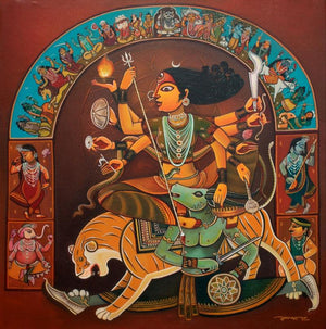 Religious acrylic painting titled 'Durga', 36x36 inches, by artist Sumon Naskar on Canvas