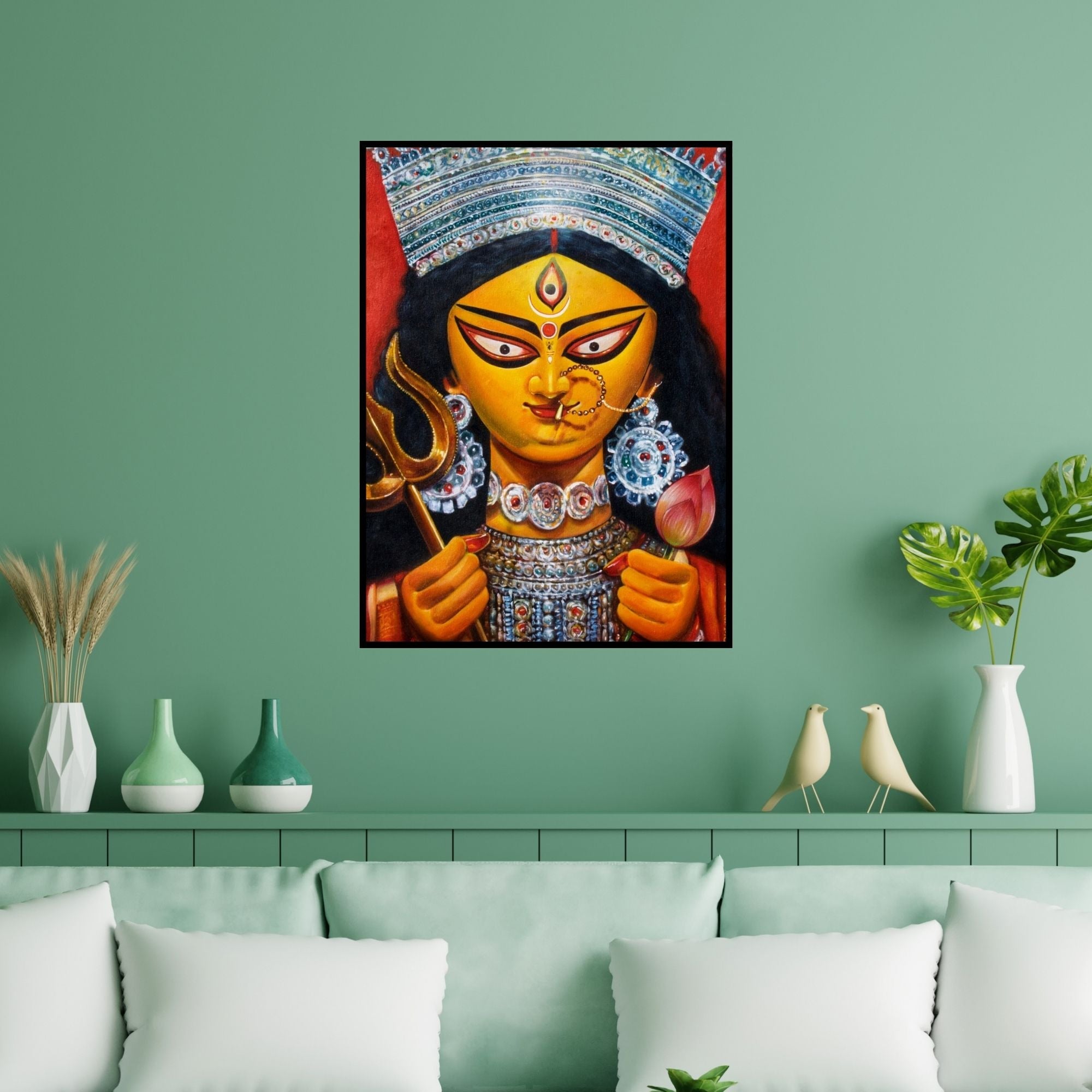 Preview of 'Durga' Painting by Sharmi Dey shown on a wall in a furnished room.