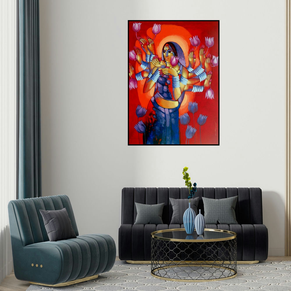Sekhar Roy's 'Durga' painting visualized above a sofa in a contemporary room.