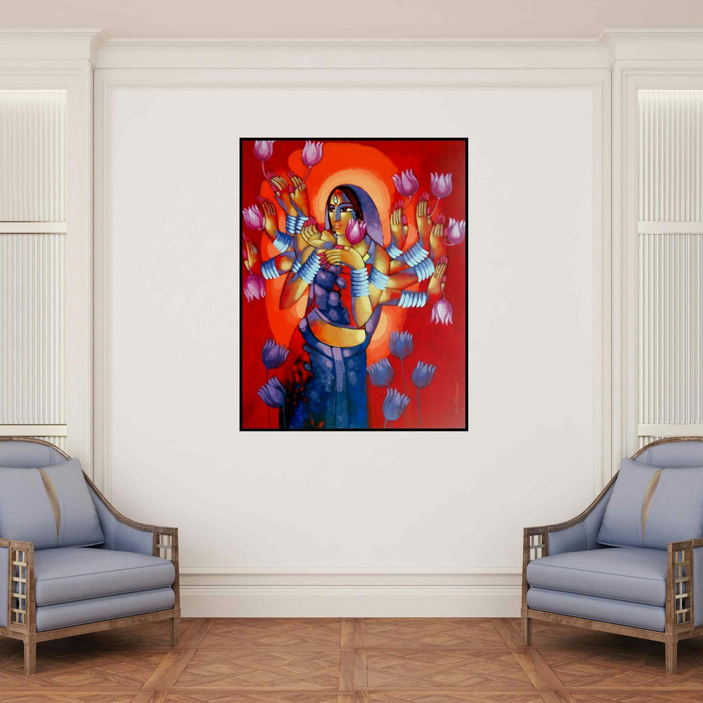 'Durga' painting by Sekhar Roy shown on a wall in a furnished room.