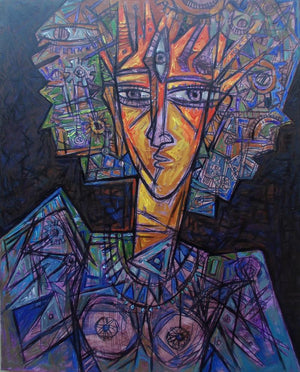 Durga (Cosmic Muse) by Rupchand Kundu, Original Acrylic Figurative Painting on Canvas, Medium Vertical Wall Art