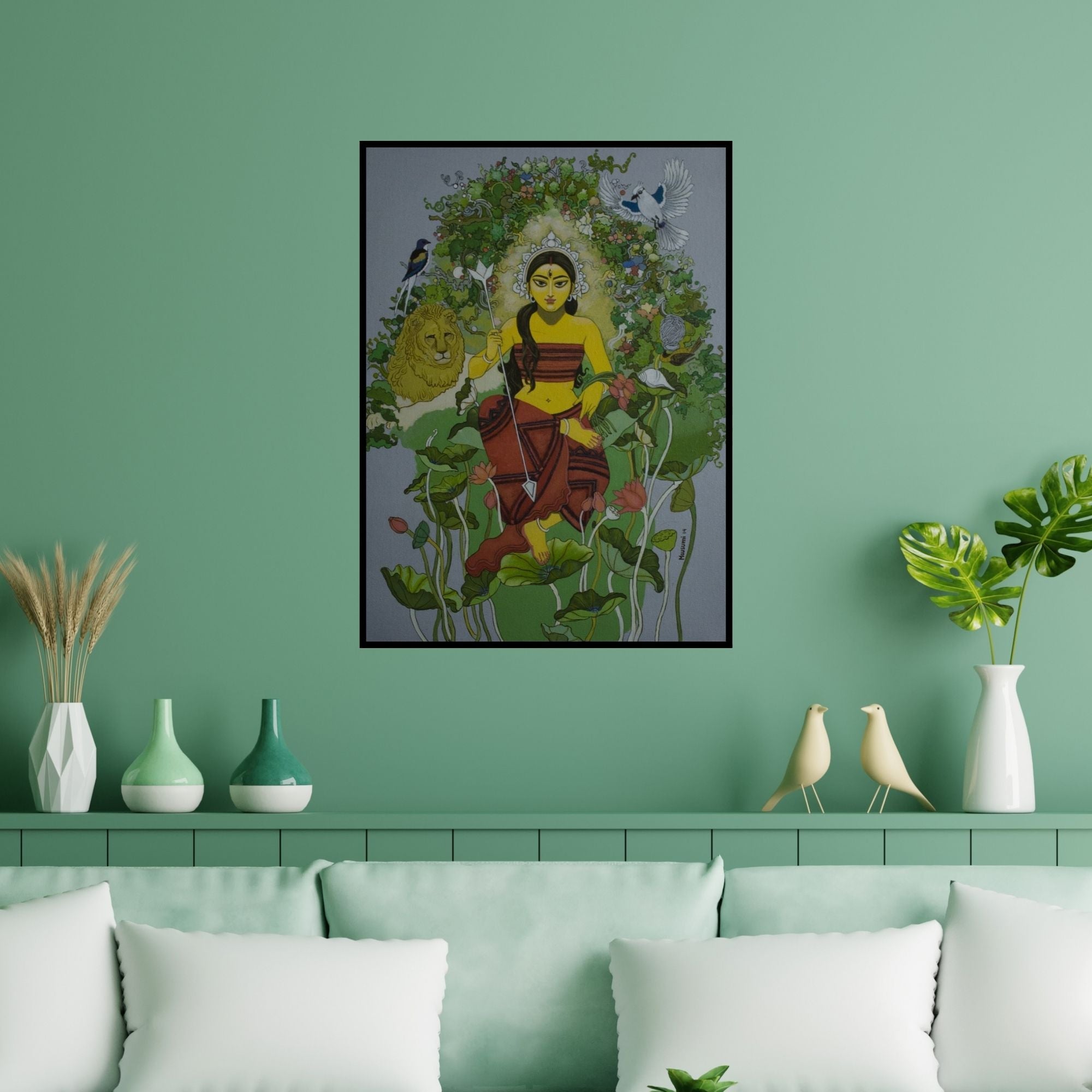 Preview of 'Durga With Nature' Painting by Mousumi Pal Majumdar shown on a wall in a furnished room.