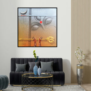Gopal Chowdhury's 'Durgeswaree (Shiva's Trident)' painting visualized above a sofa in a contemporary room.