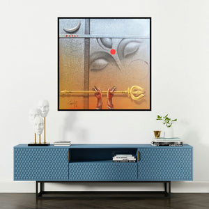 'Durgeswaree (Shiva's Trident)' painting by Gopal Chowdhury shown on a wall in a furnished room.
