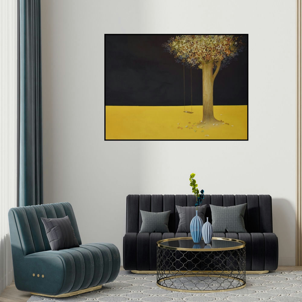 Durshit Bhaskar's 'Dusk' painting visualized above a sofa in a contemporary room.