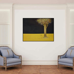 'Dusk' painting by Durshit Bhaskar shown on a wall in a furnished room.