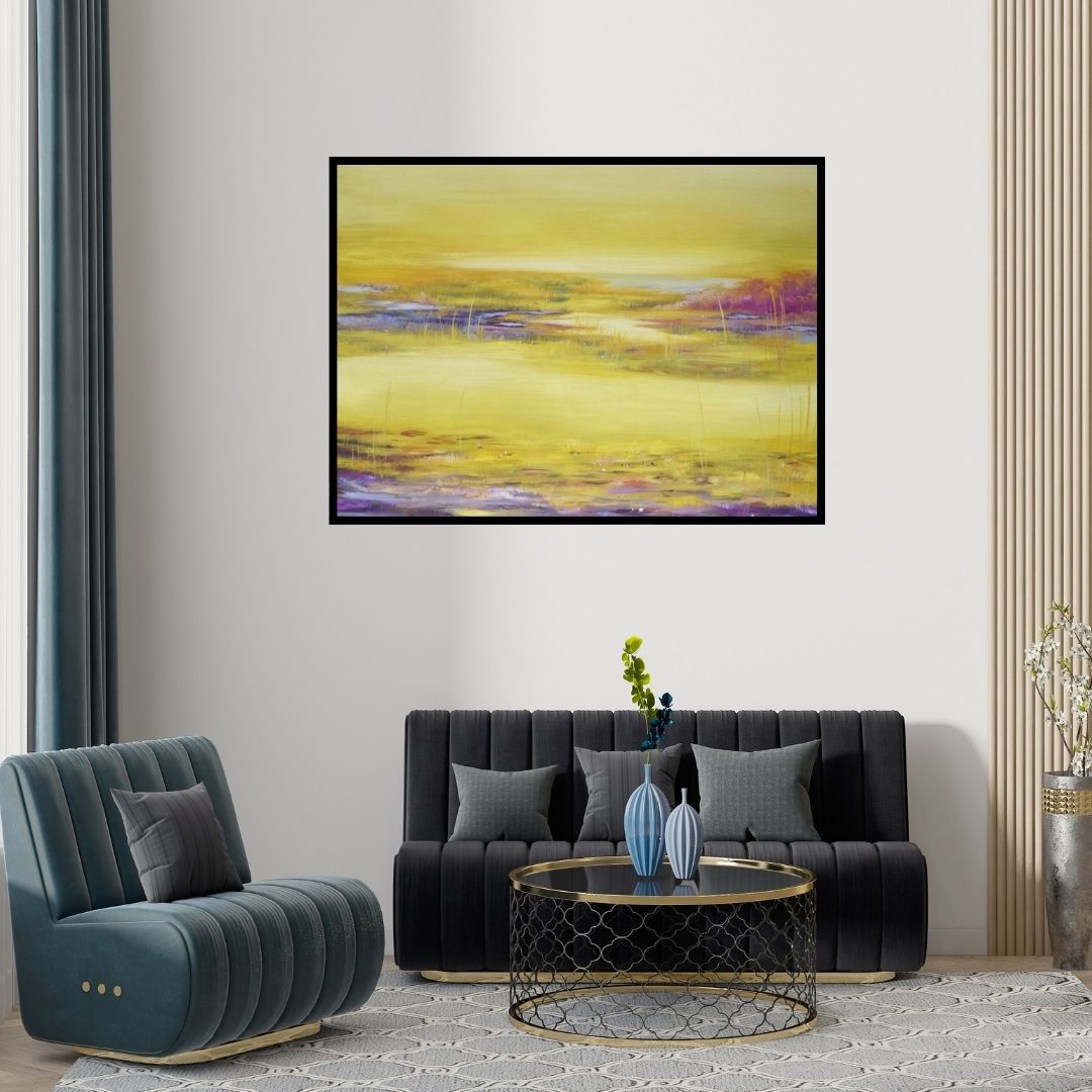 Preview of 'Dusk (Golden Hour)' Painting by Durshit Bhaskar shown on a wall in a furnished room.