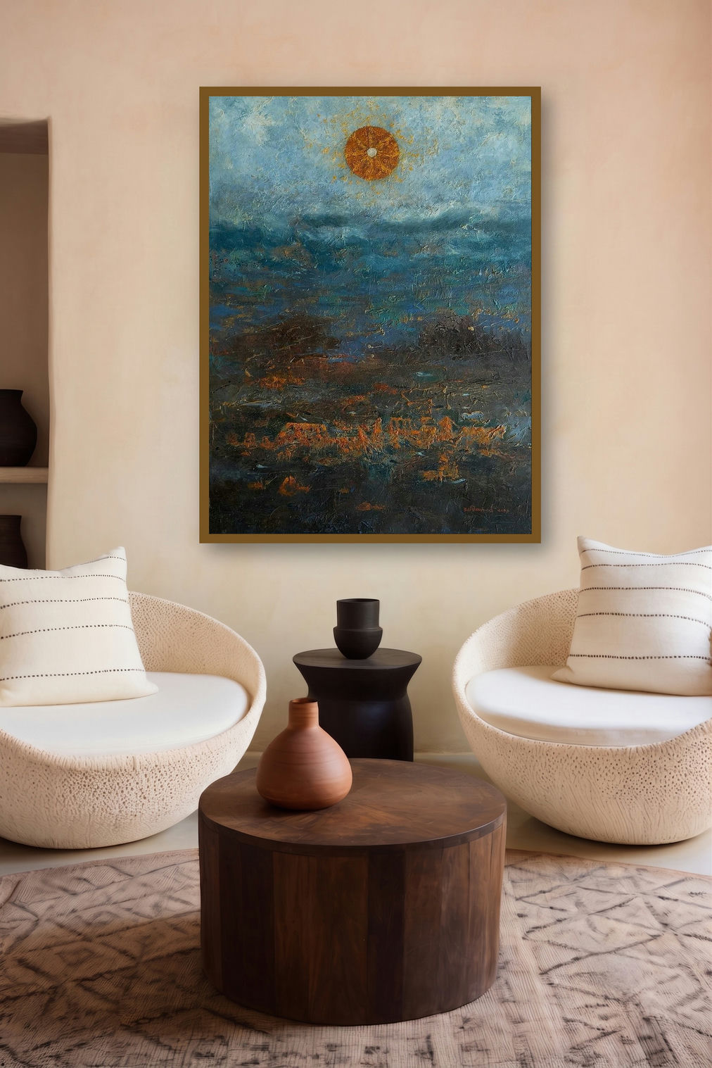 Dwarika Of Krishna (Sunrise Over the Plains) by artist Avishkar Vispute displayed in a Curated gallery