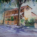 Cityscape watercolor painting titled 'Dyu Art Cafe', 15x11 inches, by artist Vivekanand Viswam on Paper