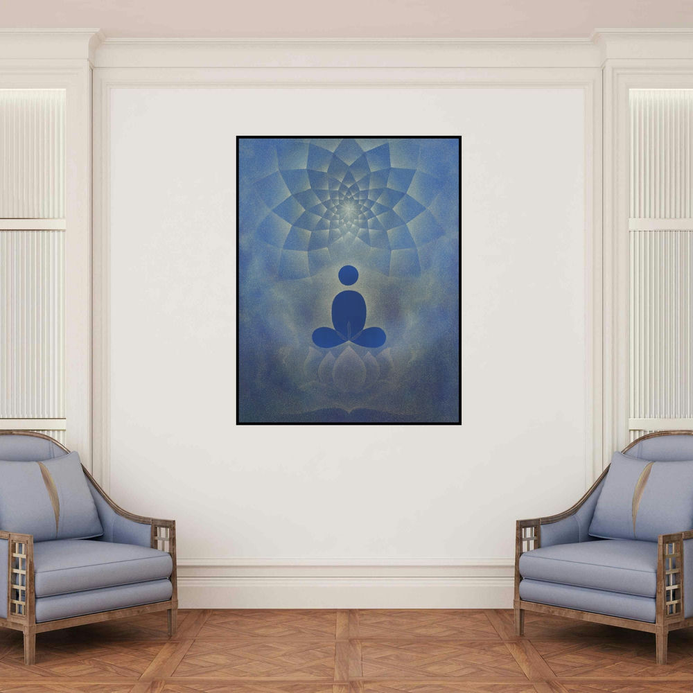 'Dyuthi' painting by Hanumanth Devulapalli shown on a wall in a furnished room.