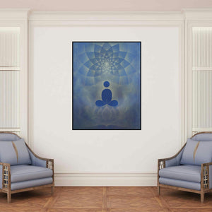 'Dyuthi' painting by Hanumanth Devulapalli shown on a wall in a furnished room.