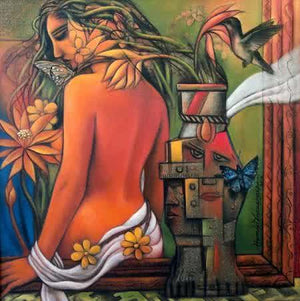 Fantasy acrylic painting titled 'Eagerly Waiting', 24x24 inches, by artist Hamlet Shougrakpam on Canvas