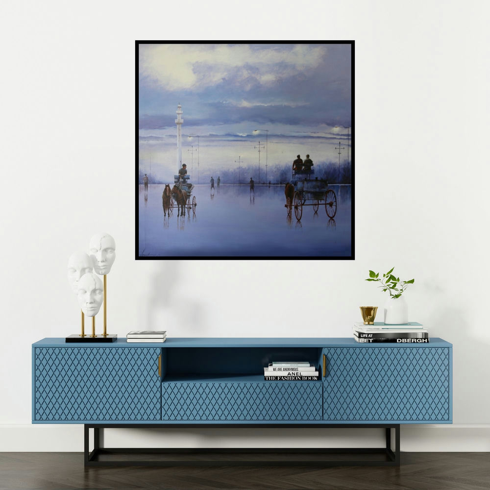 'An Early Morning In Kolkata (A Serene Evening in Kolkata)' painting by Arup Lodh shown on a wall in a furnished room.