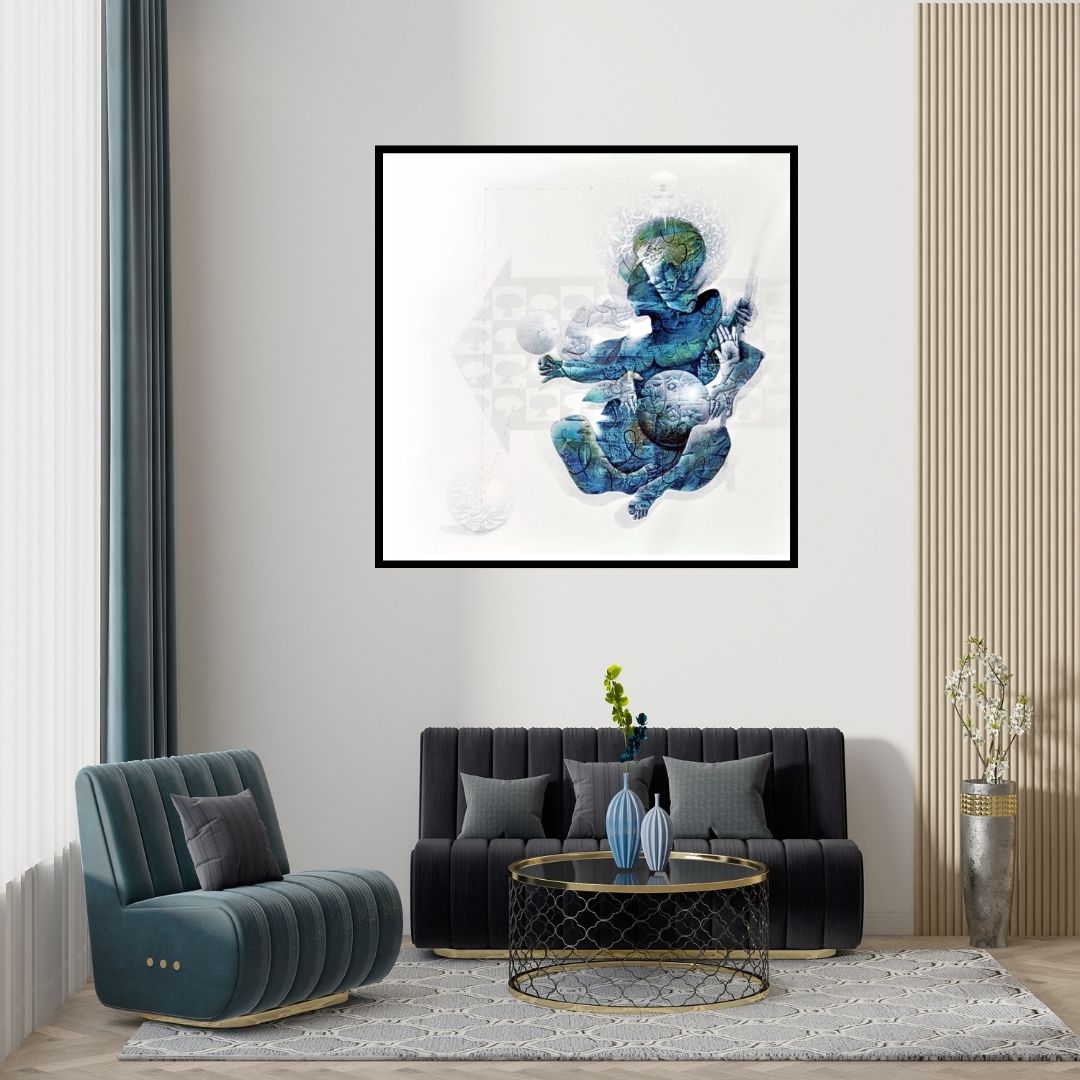 Preview of 'The Earth' Painting by Mahesh Pal Gobra shown on a wall in a furnished room.