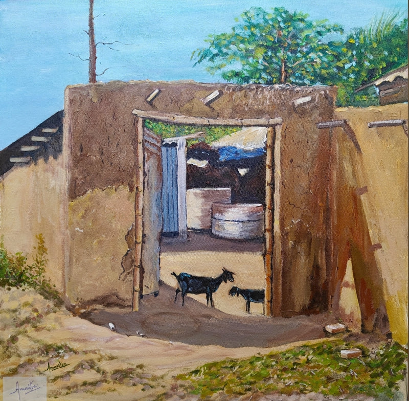 'Earthen Gateway' landscape acrylic painting by artist Anumitra Basu Mandal, 24x24 inch, on canvas