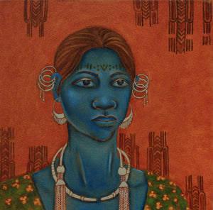 Figurative oil painting titled 'Earthen Native 1 (Baiga Tribe)', 15x15 inches, by artist Supriya Amber on Canvas
