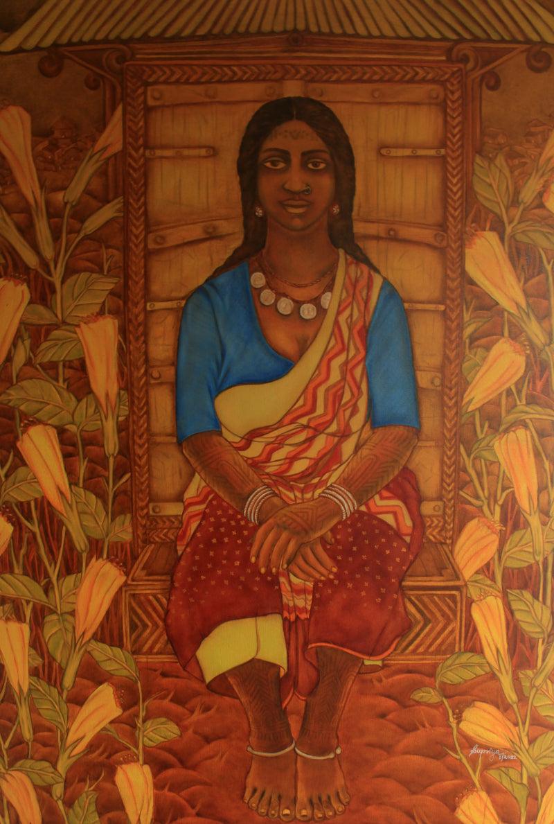 Figurative oil painting titled 'Earthen Native 22 (Baiga Tribe)', 48x36 inches, by artist Supriya Amber on Canvas