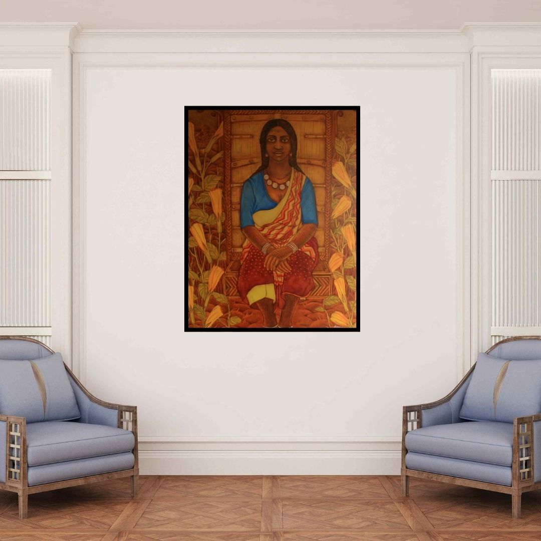 In-situ view of Supriya Amber's 'Earthen Native 22 (Baiga Tribe)' painting in a room