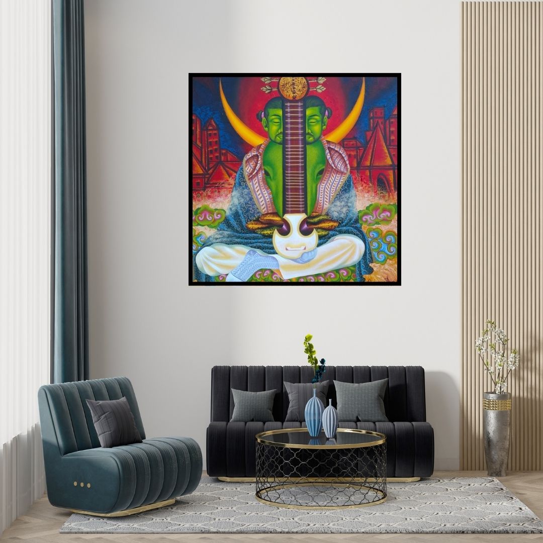 Preview of 'Easraj (Musical Mystic)' Painting by Ramu Das shown on a wall in a furnished room.
