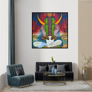 Preview of 'Easraj (Musical Mystic)' Painting by Ramu Das shown on a wall in a furnished room.
