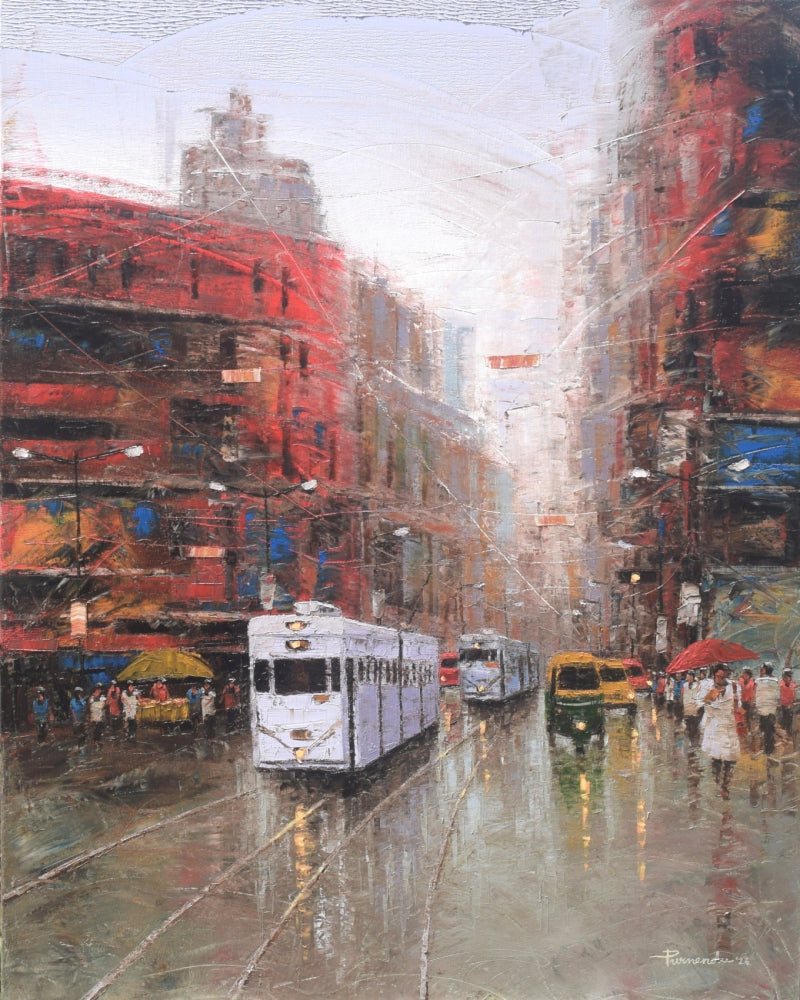 'Echoes Aling The Tramline' cityscape oil painting by artist Purnendu Mandal, 30x24 inch, on canvas