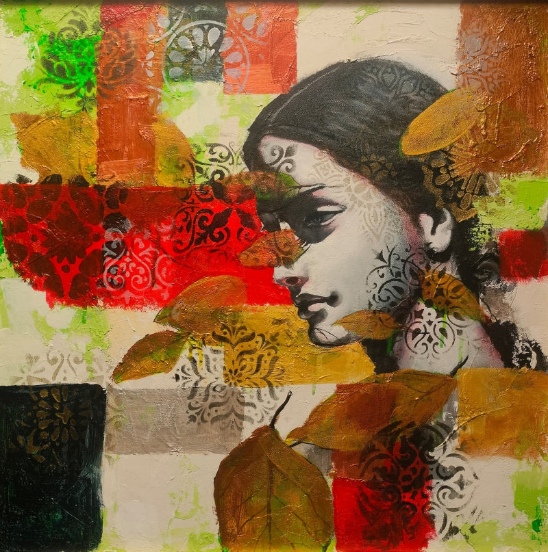 'Echoes Of Autumn 1' figurative mixed-media painting by artist Srinivasa Ram Makineedi, 24x24 inch, on canvas
