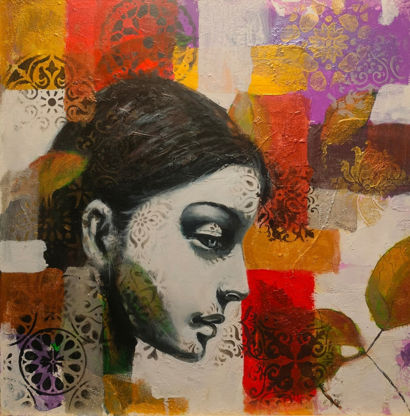 'Echoes Of Autumn 2' figurative mixed-media painting by artist Srinivasa Ram Makineedi, 24x24 inch, on canvas