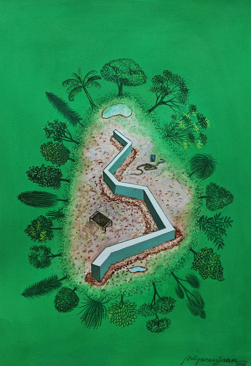 Echoes Beyond The Wall' contemporary watercolor painting by artist Priyaranjan Behera, 17x12 inch, on paper