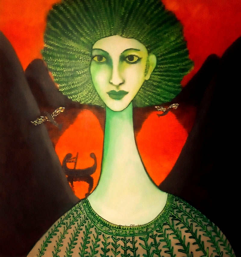 'Echoes In Emerald' portrait acrylic-oil painting by artist Sambuddha Gupta, 45x42 inch, on canvas