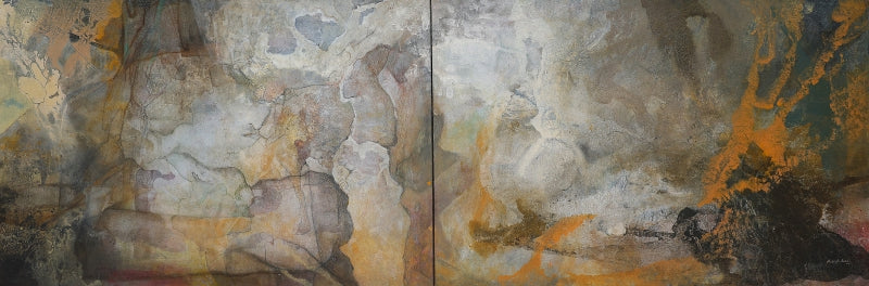 Echoes Of Passing (Diptych)' contemporary mixed-media painting by artist Naresh Soni, 36x108 inch, on canvas
