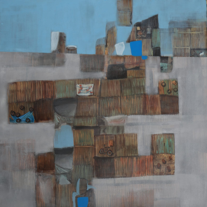 'Echos Of Old Houses 14' contemporary acrylic painting by artist Jigisha Mulaye, 30x30 inch, on canvas