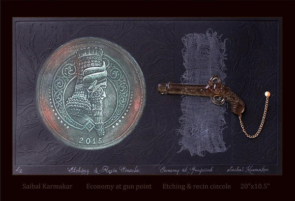 Economy At Gun Point Printmaking by Saibal Karmakar | ArtZolo.com