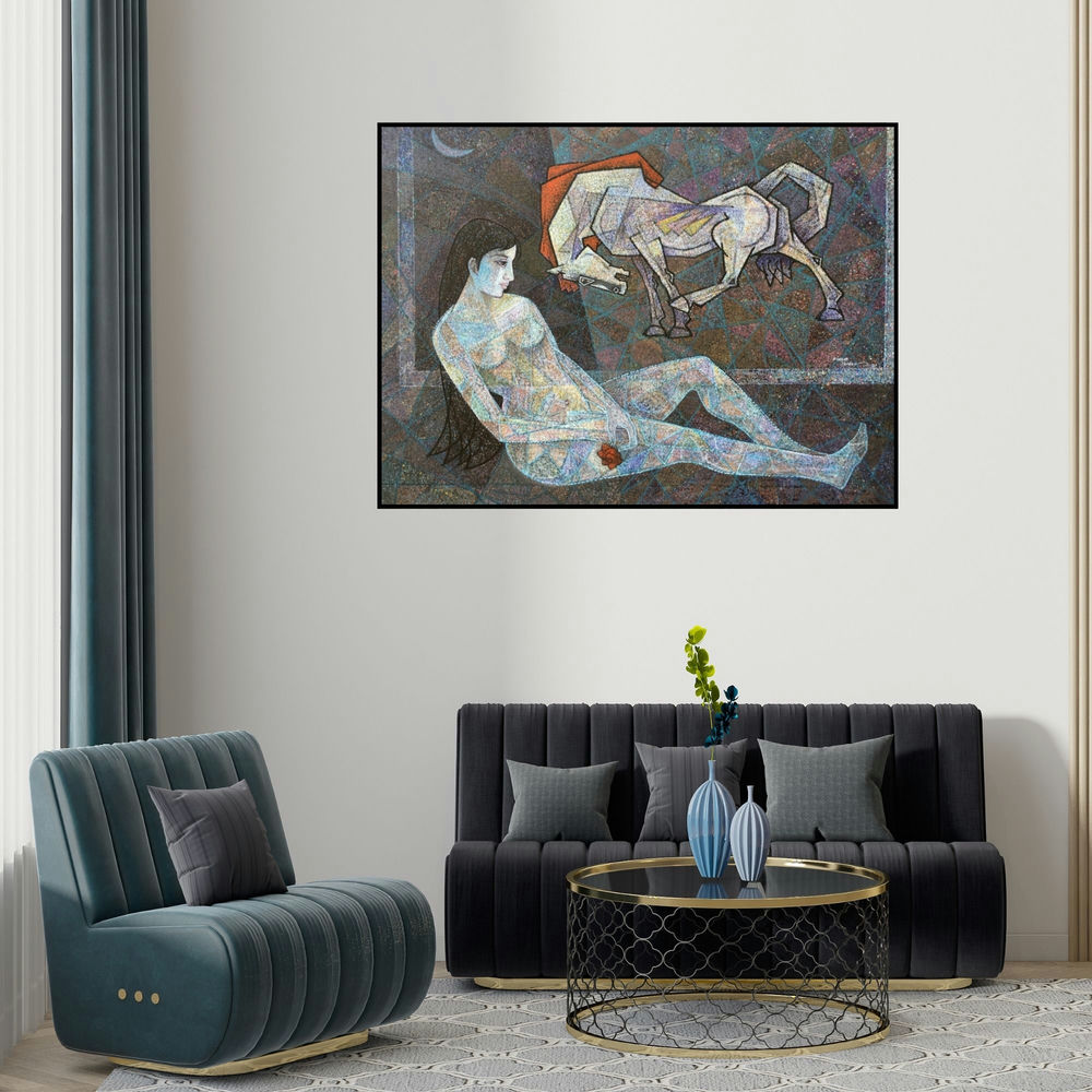 Dinkar Jadhav's 'Ecstasy 1 (The Dreamer and the Dreamer)' painting visualized above a sofa in a contemporary room.