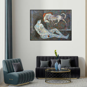 Dinkar Jadhav's 'Ecstasy 1 (The Dreamer and the Dreamer)' painting visualized above a sofa in a contemporary room.