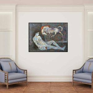 'Ecstasy 1 (The Dreamer and the Dreamer)' painting by Dinkar Jadhav shown on a wall in a furnished room.