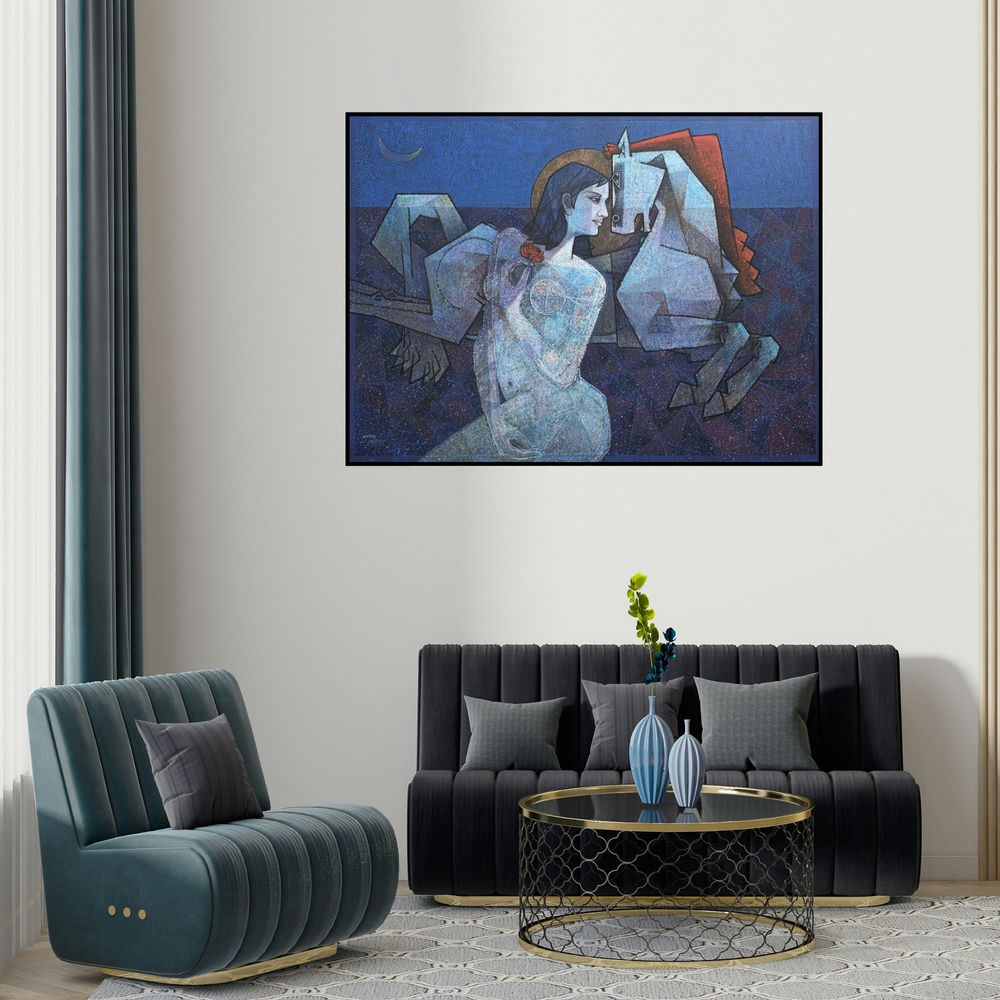 Dinkar Jadhav's 'Ecstasy 2 (Night Reverie)' painting visualized above a sofa in a contemporary room.