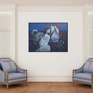 'Ecstasy 2 (Night Reverie)' painting by Dinkar Jadhav shown on a wall in a furnished room.