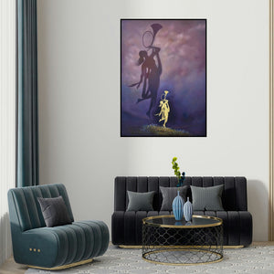 Durshit Bhaskar's 'Ecstasy (Echoes of the Divine)' painting visualized above a sofa in a contemporary room.