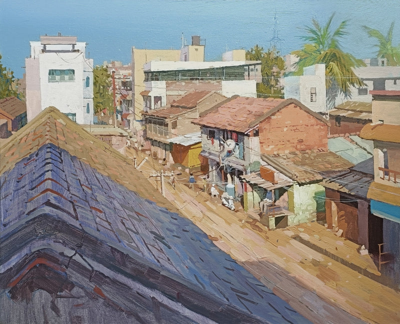 Edge Of Rurality' cityscape acrylic painting by artist Abhijit Jadhav, 24x30 inch, on canvas