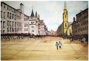 Edinburgh Royal Mile Scotland (A Walk on the Royal Mile) by Arunava Ray, Original Watercolor Cityscape Painting on Paper, X-Small Horizontal Wall Art