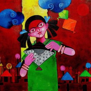 Educate A Girl (Wind Whispers) by Sharmi Dey, Original Acrylic Figurative Painting on Canvas, Medium Square Wall Art