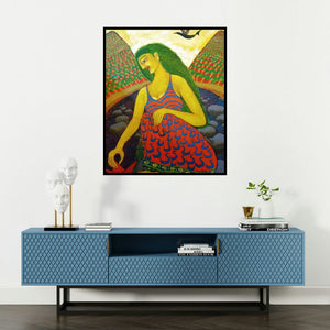 Sambuddha Gupta's 'Effulgent' painting visualized above a sofa in a contemporary room.