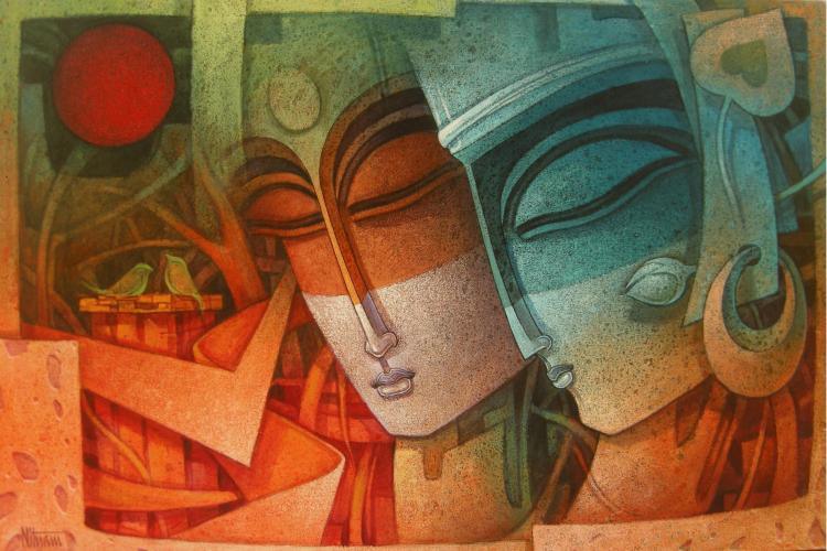 Figurative acrylic painting titled 'Egyptian King and Queen III', 36x54 inches, by artist Nityam Singha Roy on Canvas