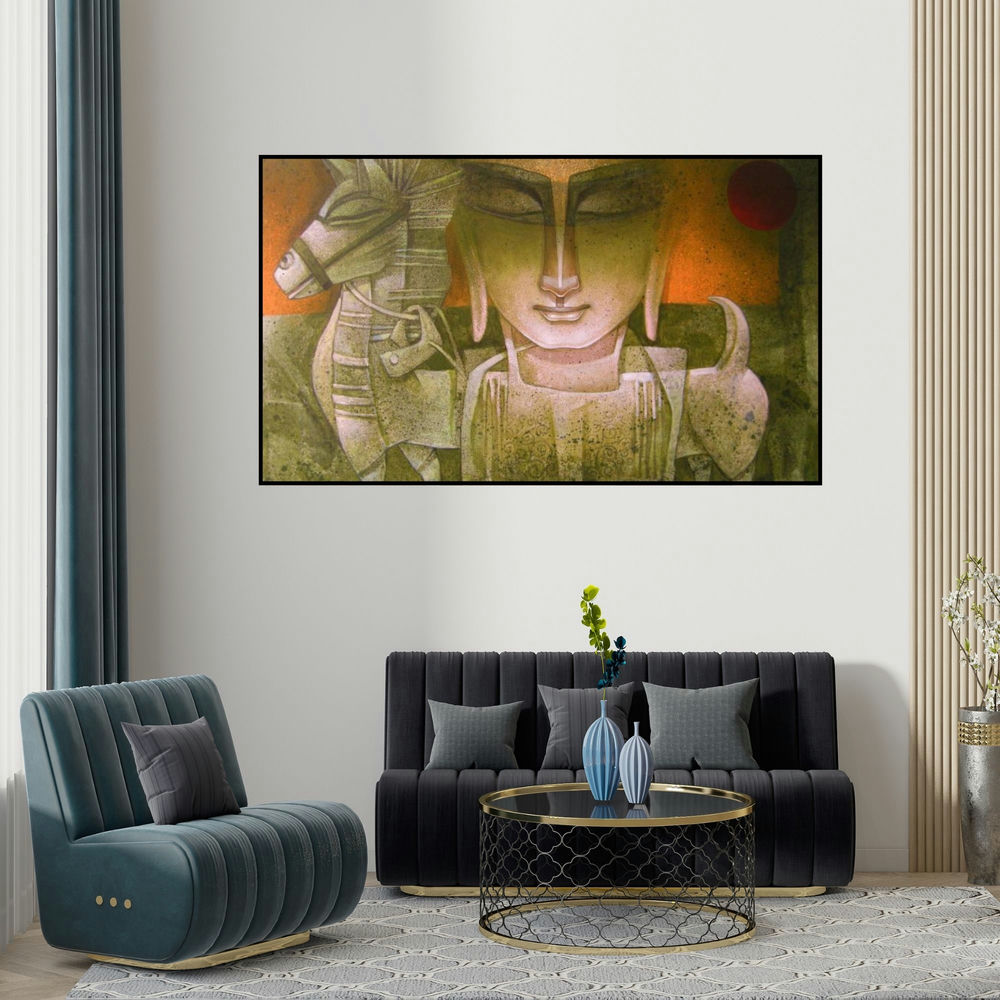 Nityam Singha Roy's 'Egyptian King' painting visualized above a sofa in a contemporary room.