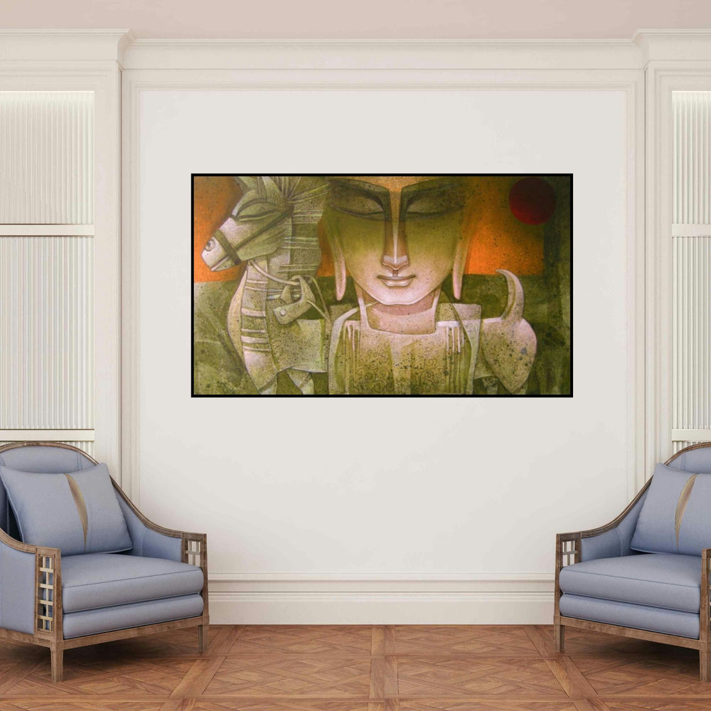 'Egyptian King' painting by Nityam Singha Roy shown on a wall in a furnished room.