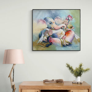 Preview of 'Ekadanta (Baby Ganesha with Lotus)' Painting by Namdev M Patil shown on a wall in a furnished room.