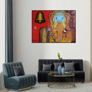 Sachin Kharat's 'Ekdant (Ganesh with Bell)' painting visualized above a sofa in a contemporary room.