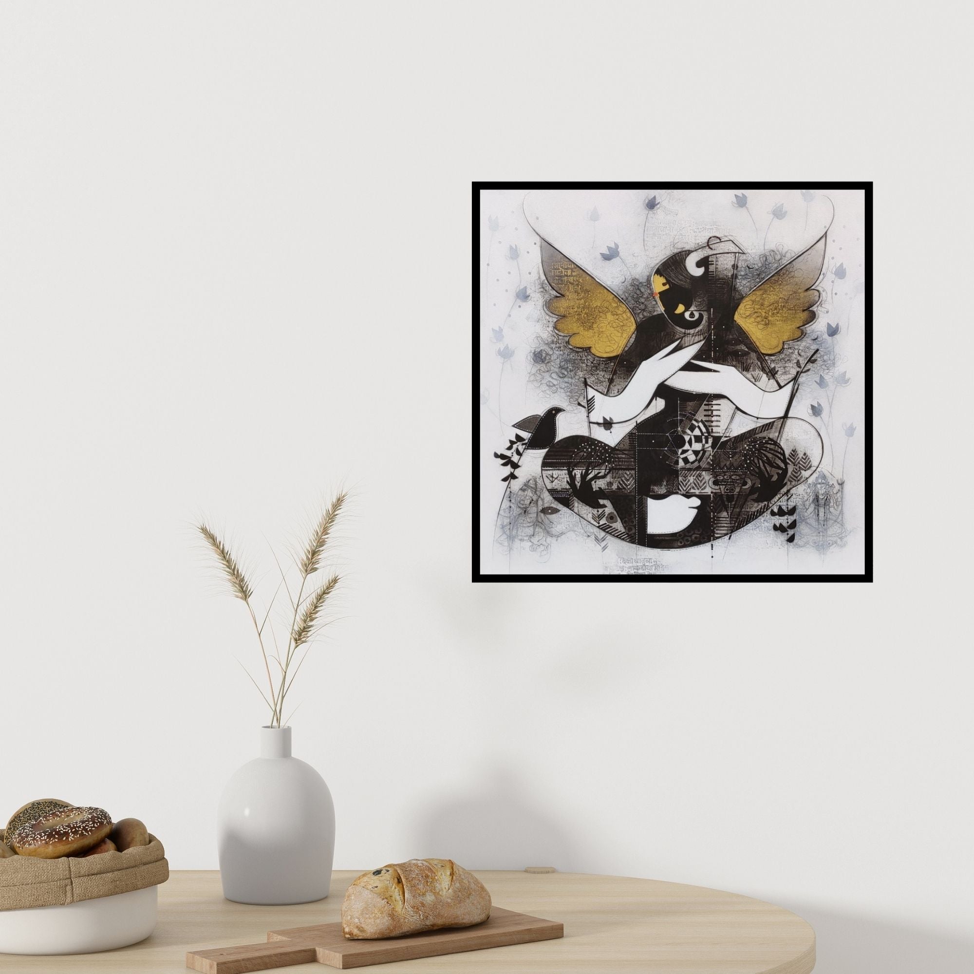 In-situ view of Amol Pawar's 'Ekdant (Golden Wings)' painting in a room