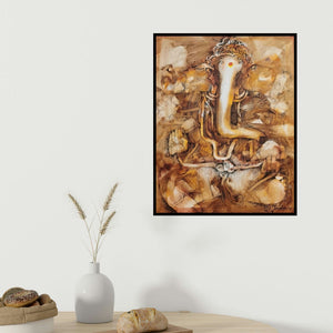 N S Manoharan's 'Ekdant (Cosmic Ganesha)' painting visualized above a sofa in a contemporary room.