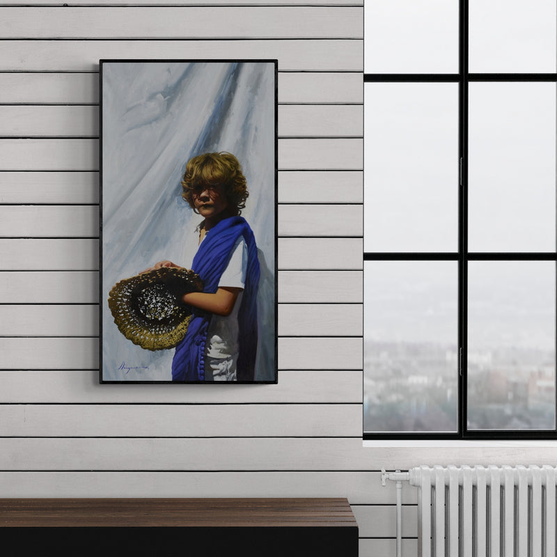 Preview of 'El vendedor de sombreros' Painting by Jose Higuera shown on a wall in a furnished room.